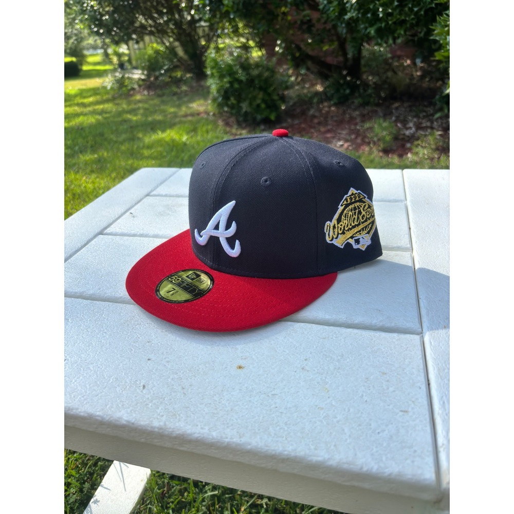 New Era Atlanta Braves 1995 World Series Patch Hat 59FIFTY Fitted 7 5/8 Navy Red